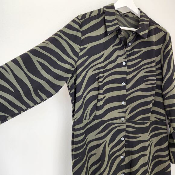 Ann Taylor Factory Green Black Zebra Print Button Front Belted Maxi Shirt Dress - Picture 4 of 9